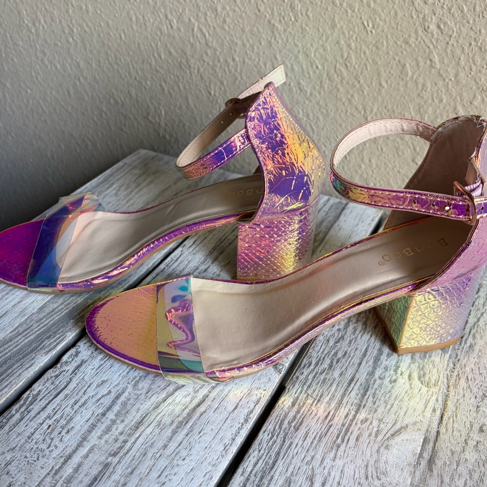 Iridescent Pink/Purple Block Heel Ankle Strap Sandals